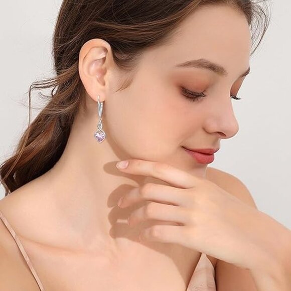 ChicSilver Drop Dangle Earrings for Women Ladies Heart  October-Pink Tourmaline Birthstone 925 Silver Heart Love Infinity Drop Earrings